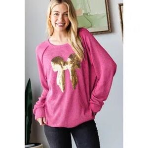 Pink Gold Bow Long Sleeved Waffleknit
